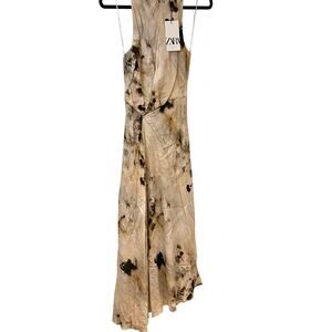 NWT Zara ZW Collection Cream Printer High Neck Gathered Maxi Dress Small